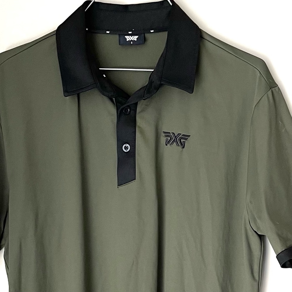 🔥 PXG Contrast Collar Polo Shirt Military Green Black Small Relaxed Fit